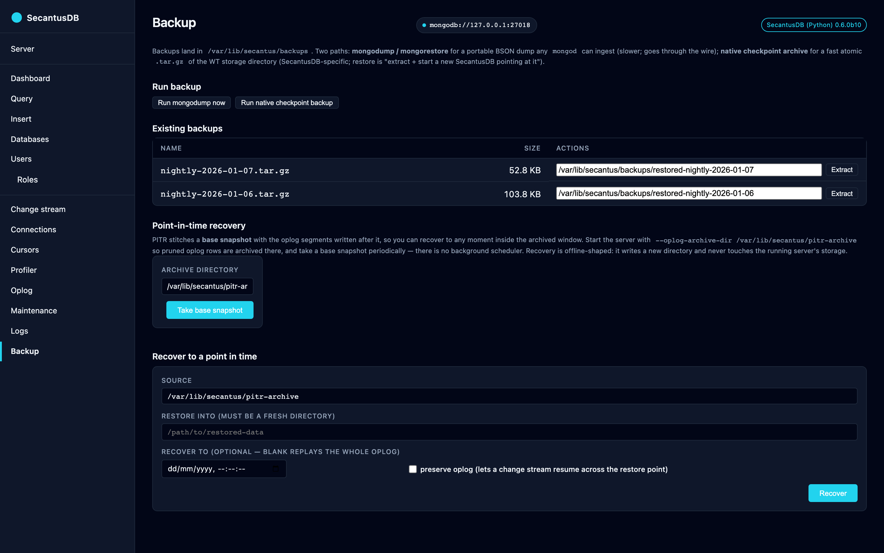 The Backup page: dumps, archives, restores and point-in-time recovery.
