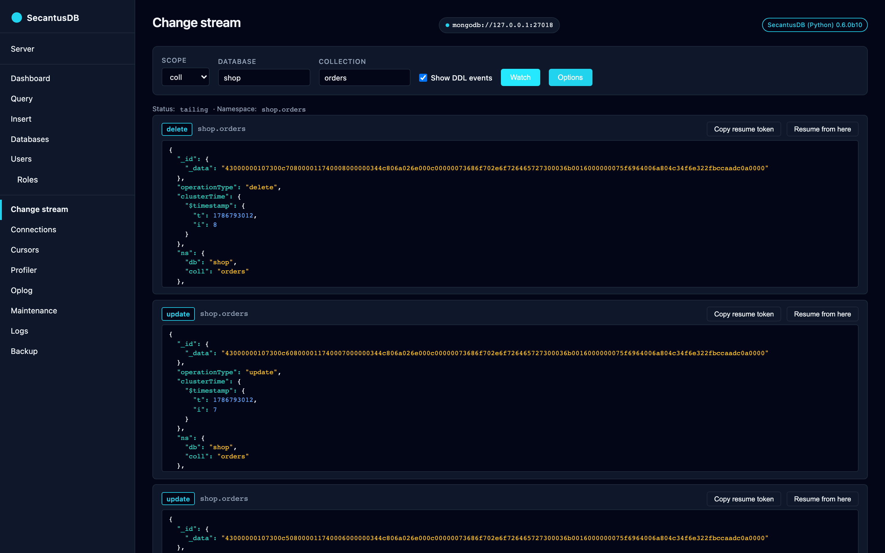 The change-stream tail: live insert / update / delete events with resume tokens.