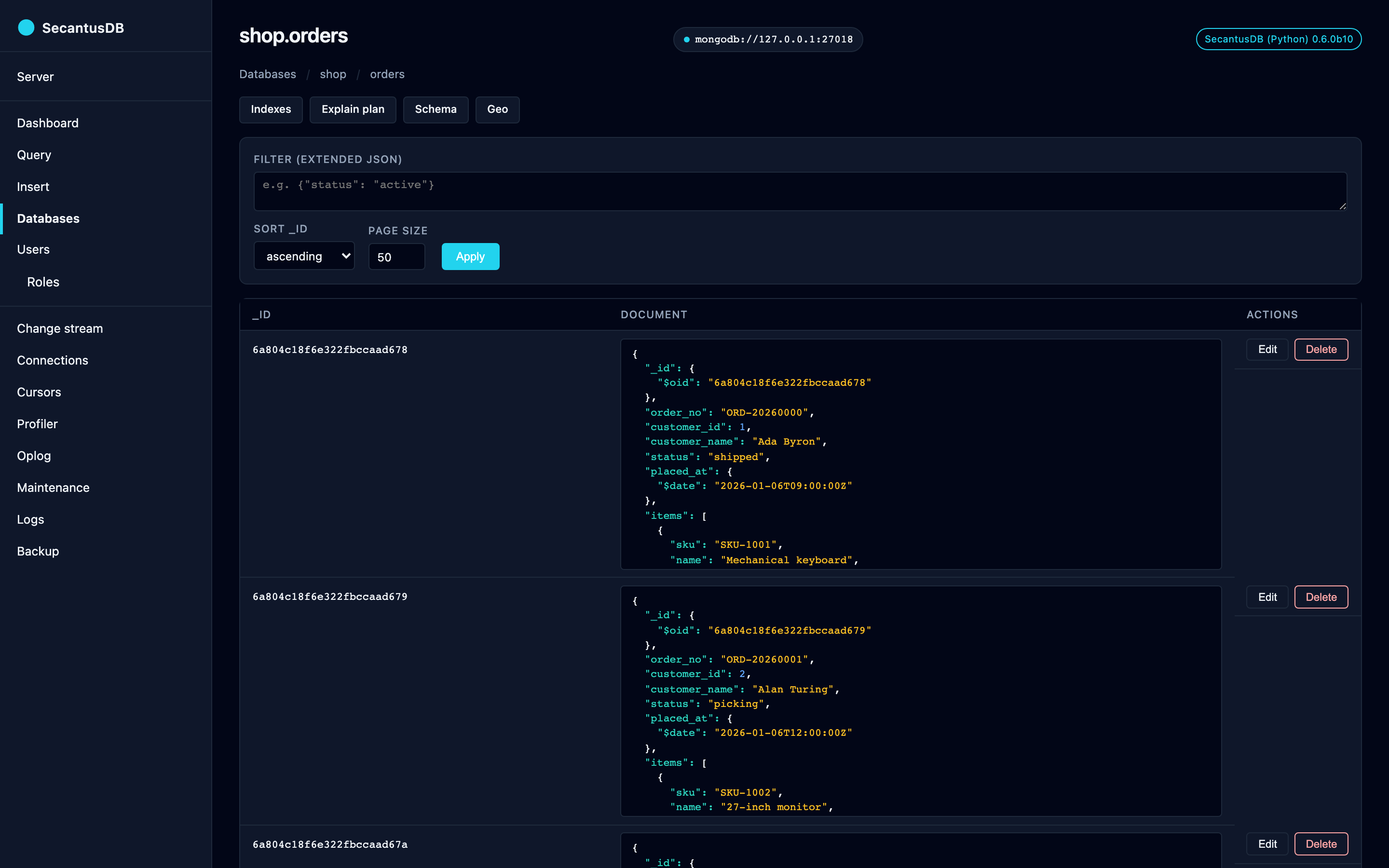 The collection browser: paginated documents with an inline JSON viewer.