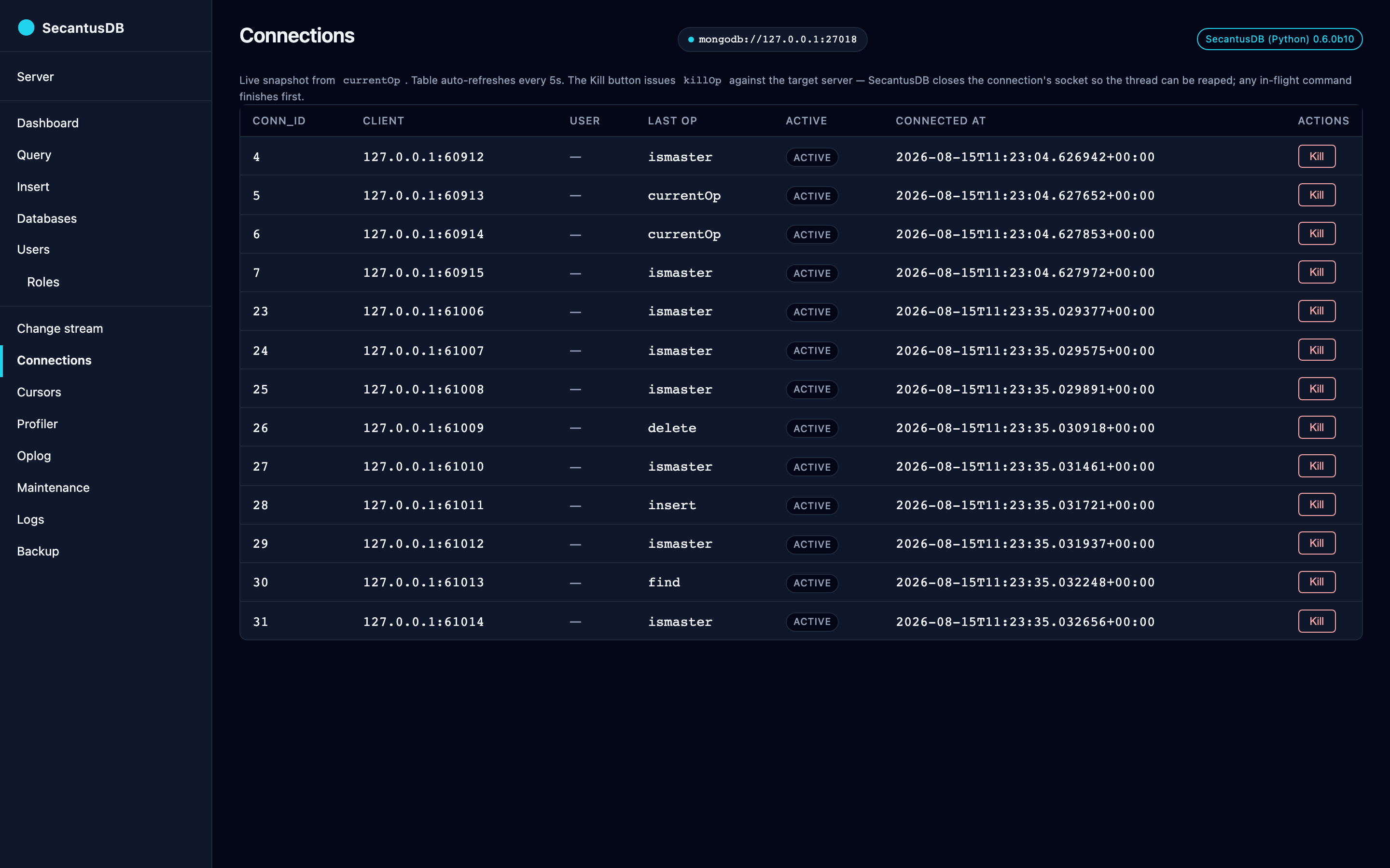 The Connections page: current clients, with a kill control per operation.