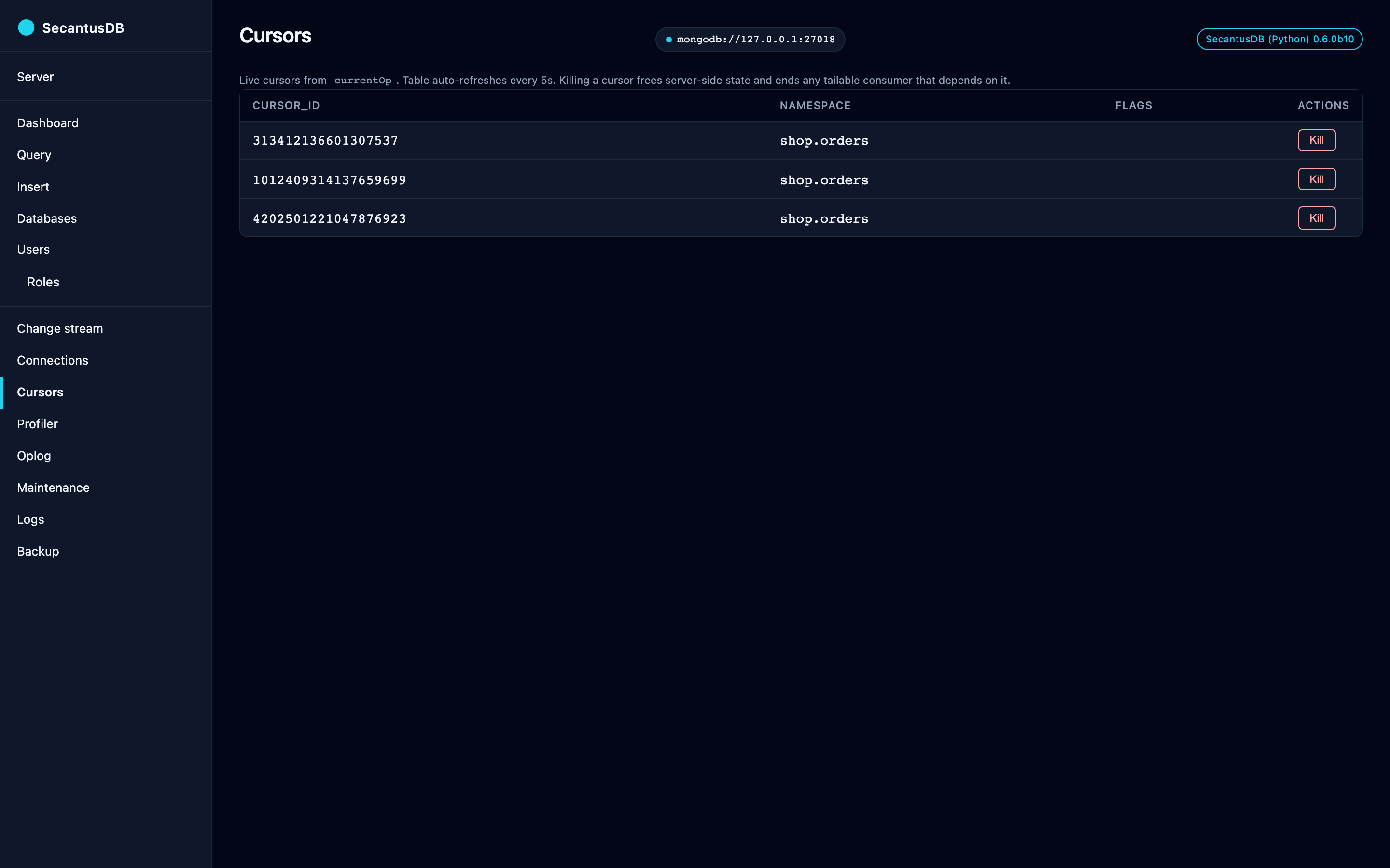 The Cursors page: open cursors, their namespace and idle time.