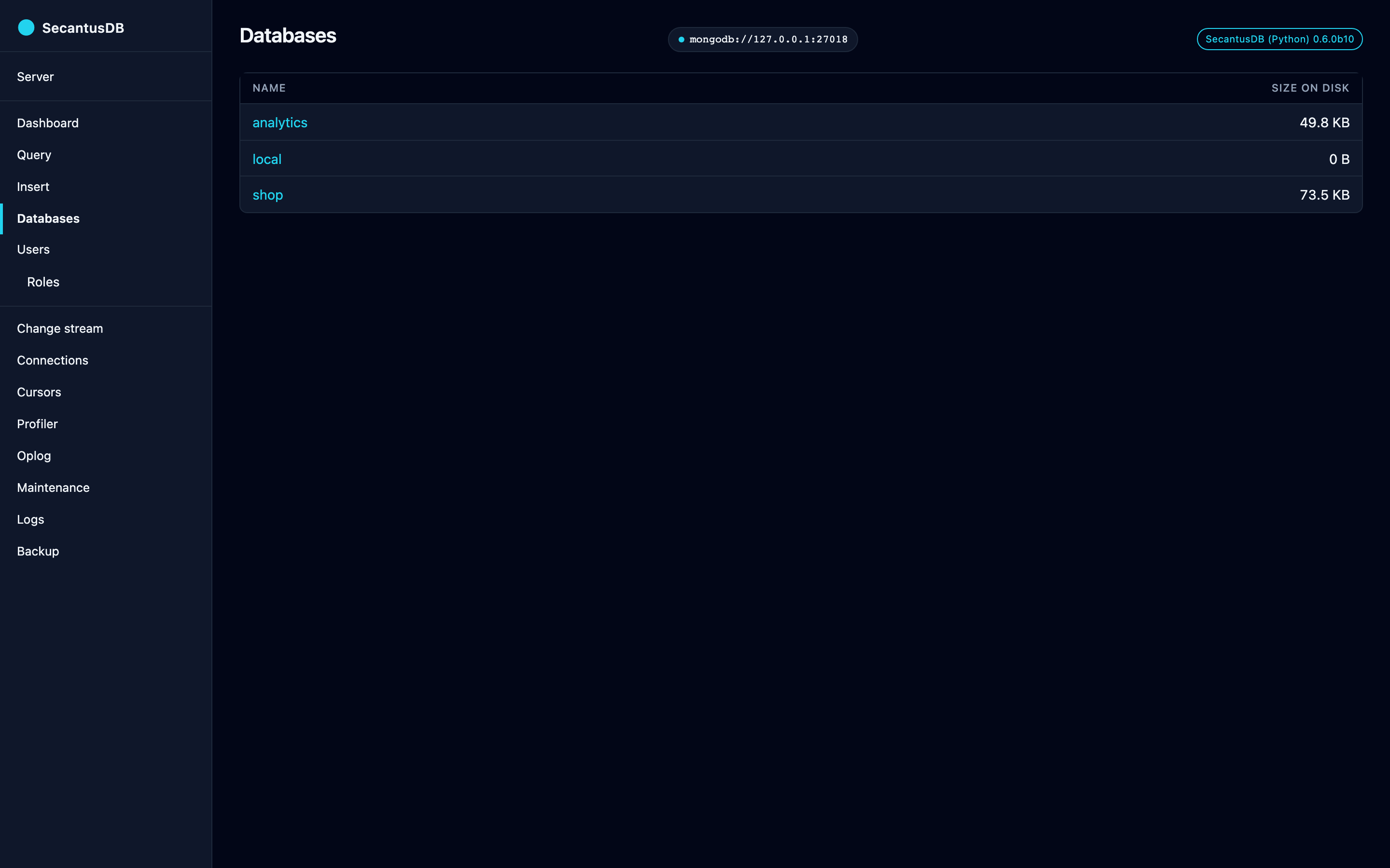 The Databases page: every database with its collection and size totals.