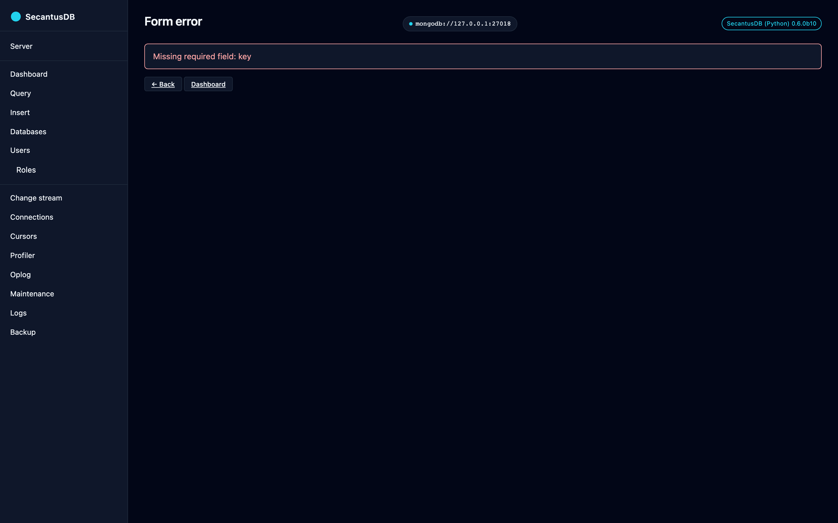 The friendly error page: a failed action keeps the sidebar and offers a way back.
