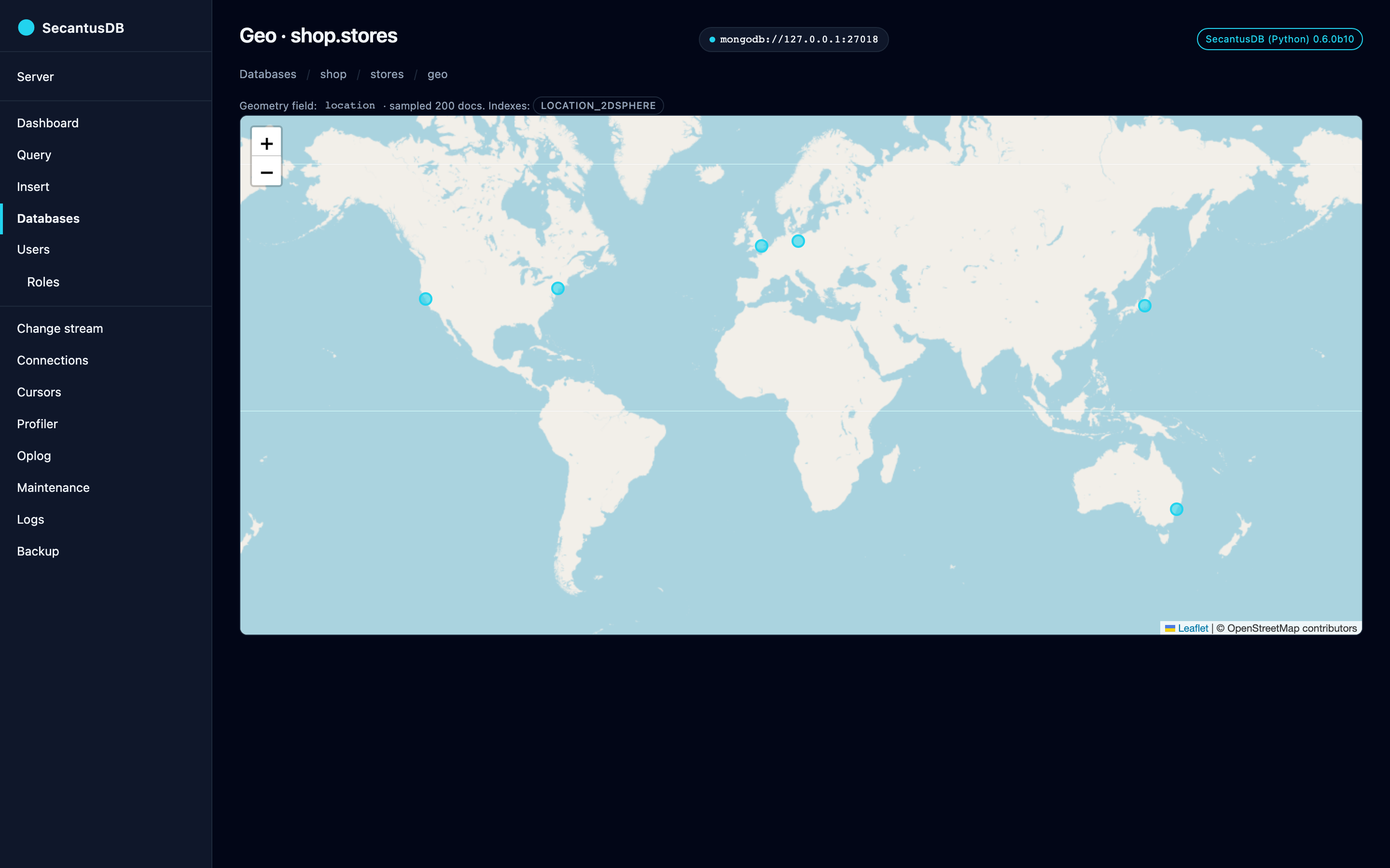 The geo viewer: documents from a 2dsphere-indexed collection plotted on a map.