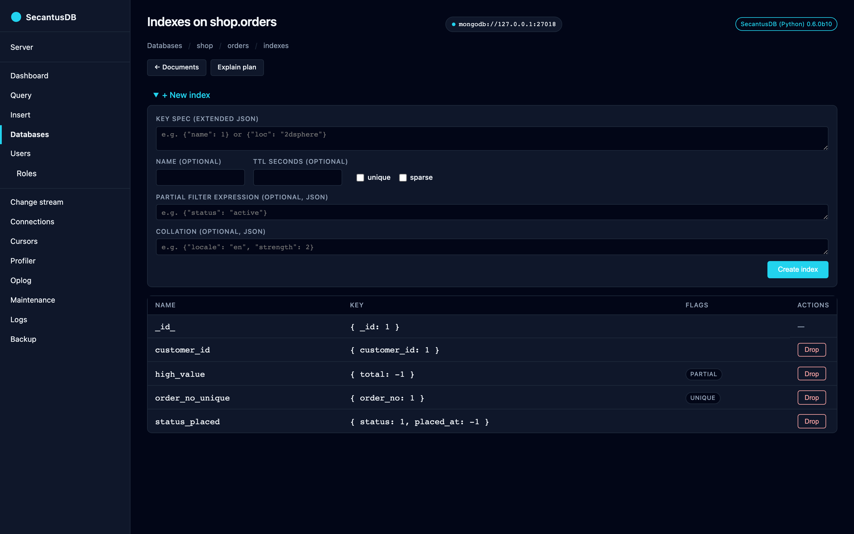 The Indexes page: every index with its key spec and unique / partial / multikey badges.