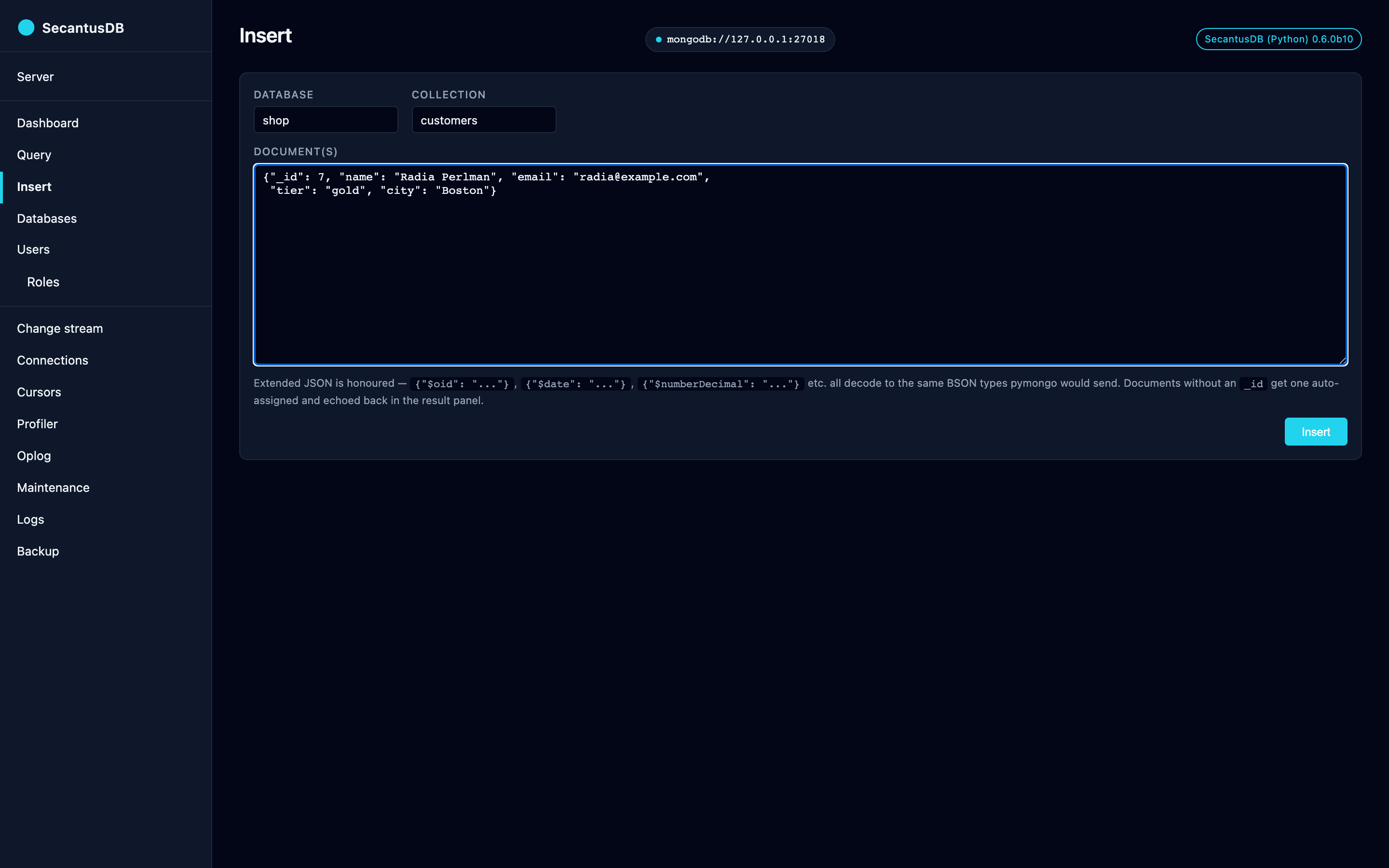 The Insert page: paste one document or an array and write it to any collection.