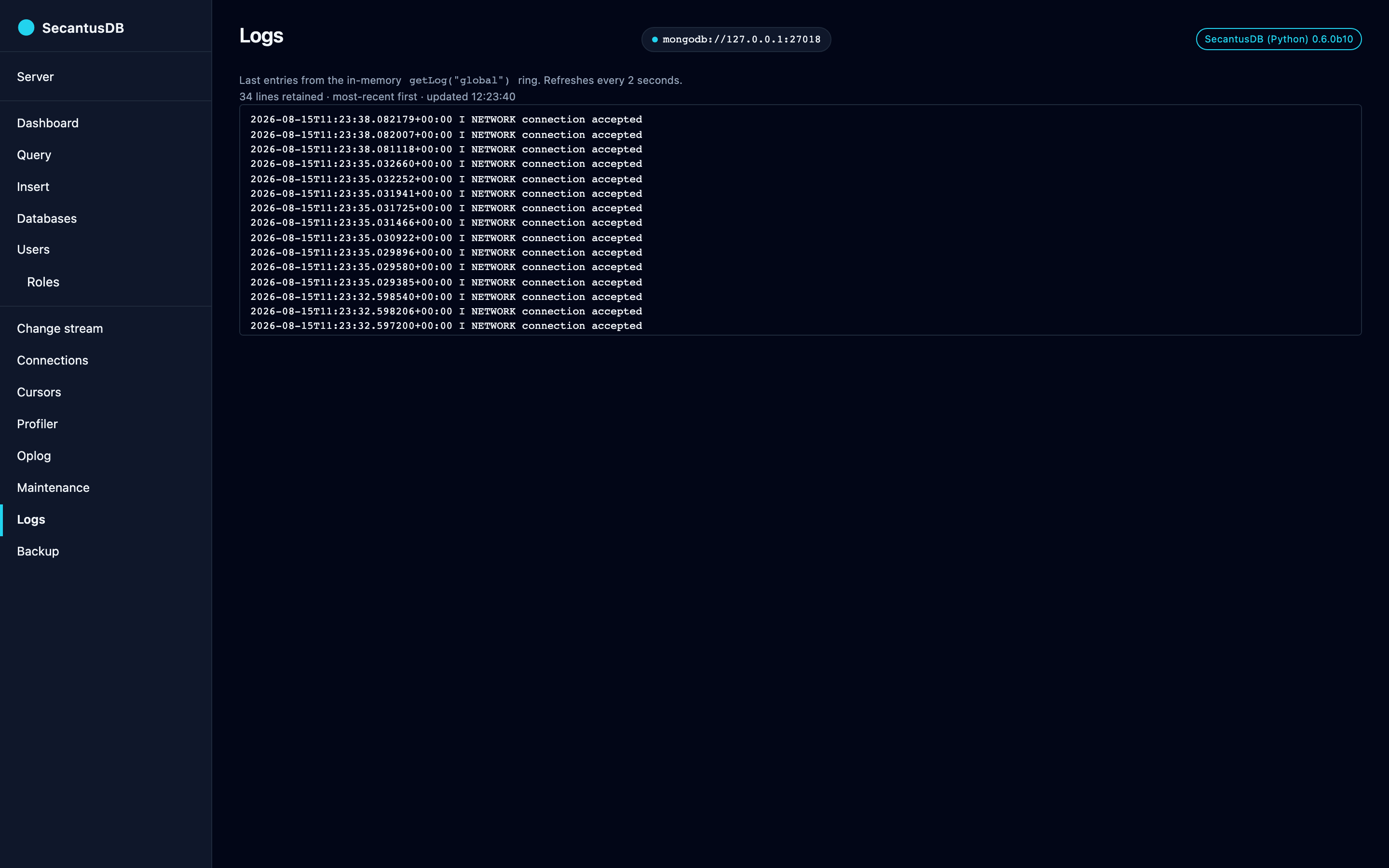 The Logs page: a live tail of the server's log buffer.
