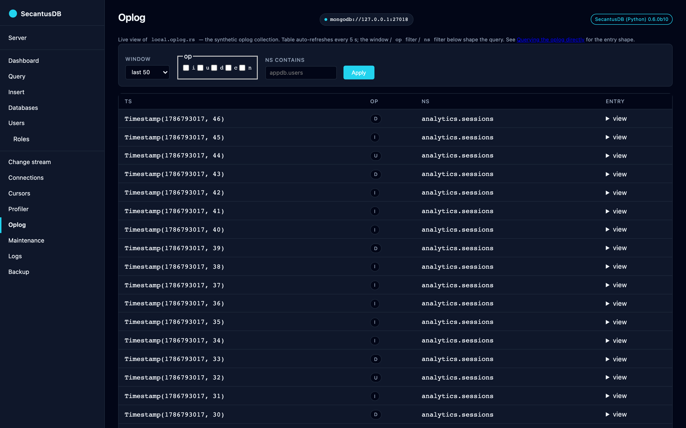 The Oplog page: recent entries with operation type, namespace and timestamp.