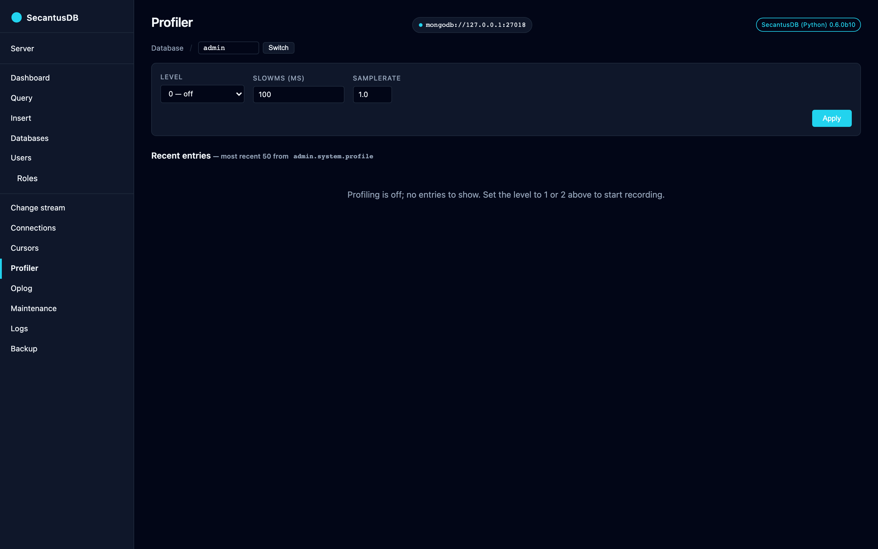 The Profiler page: slow operations captured by the database profiler.