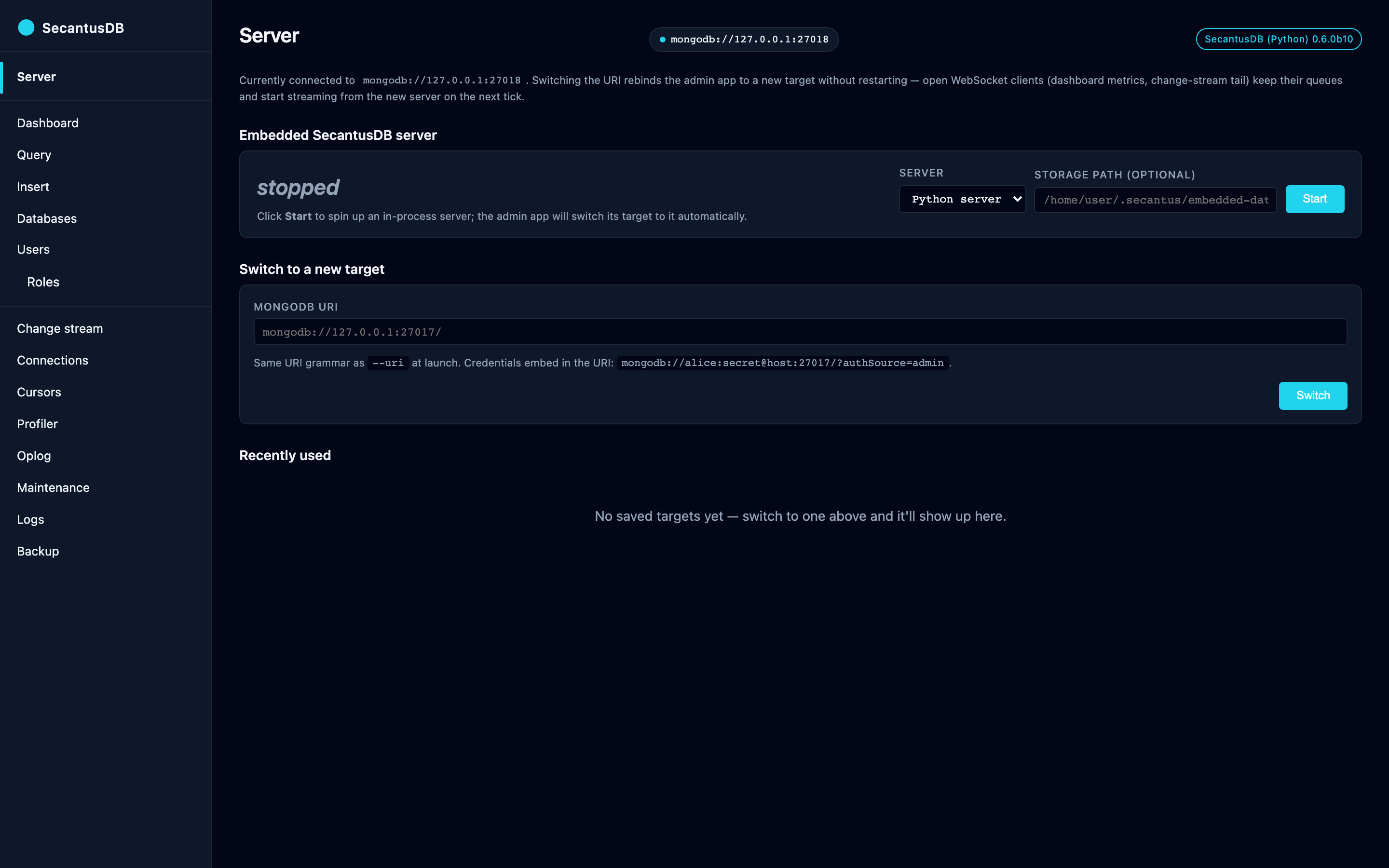 The Server page: build info, target switching and the embedded-server controls.