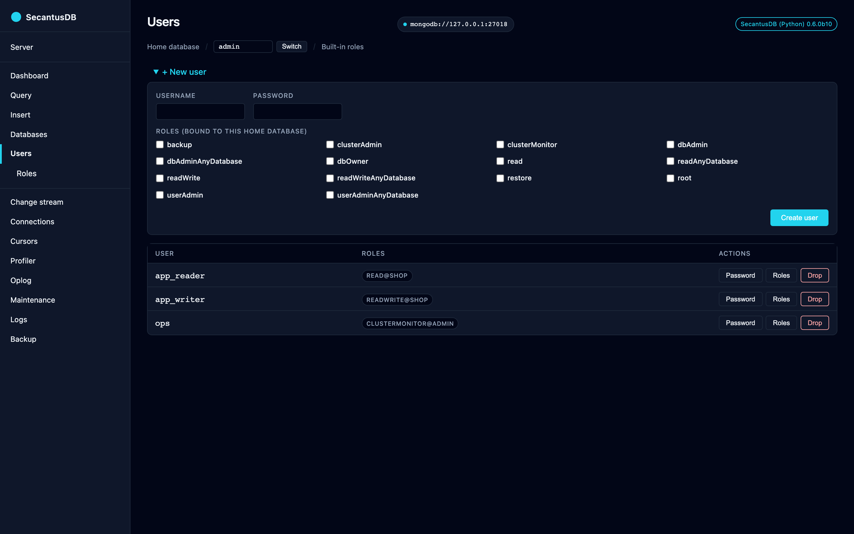 The Users page: accounts on a database with their granted roles.