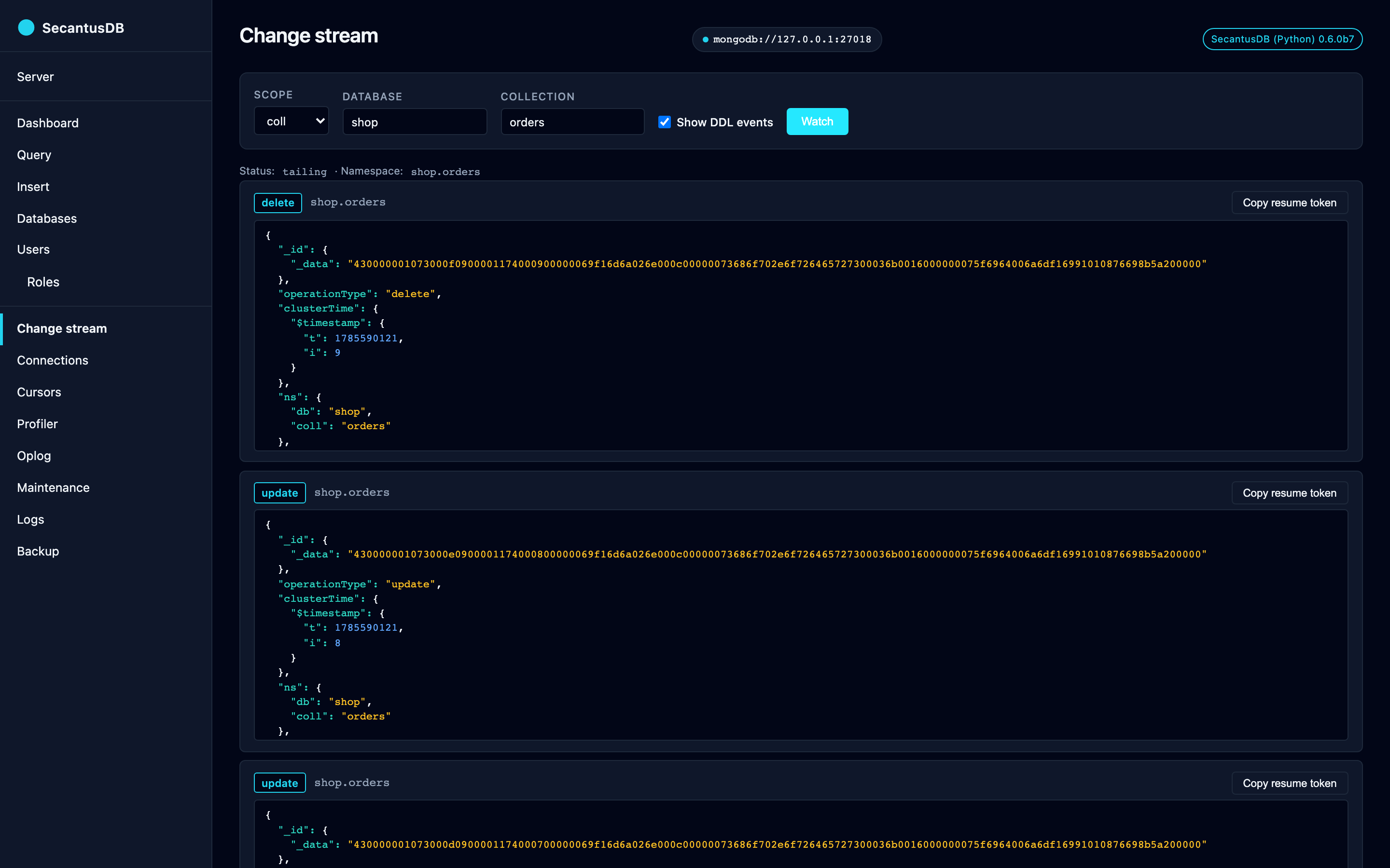 The admin change-stream tail showing live insert, update and delete events.