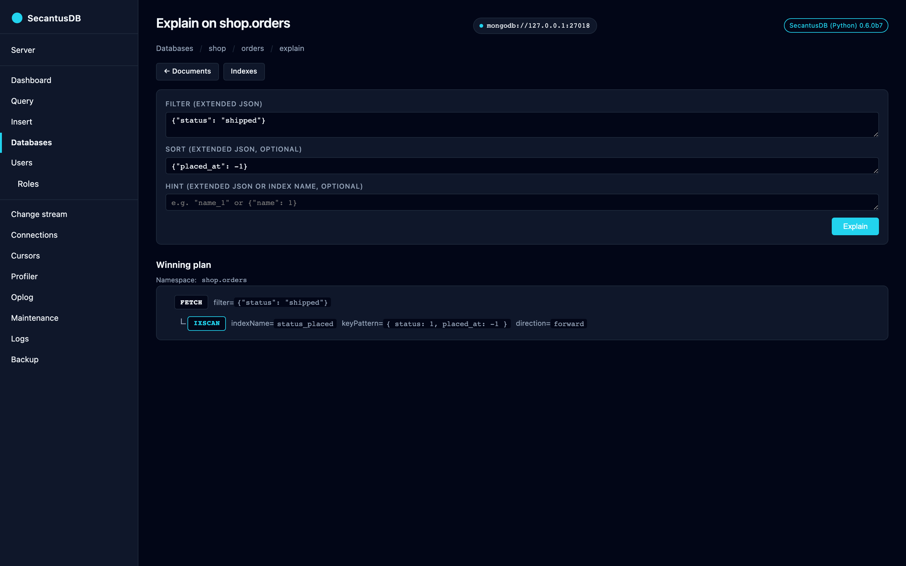 The admin explain view showing a winning query plan stage by stage.