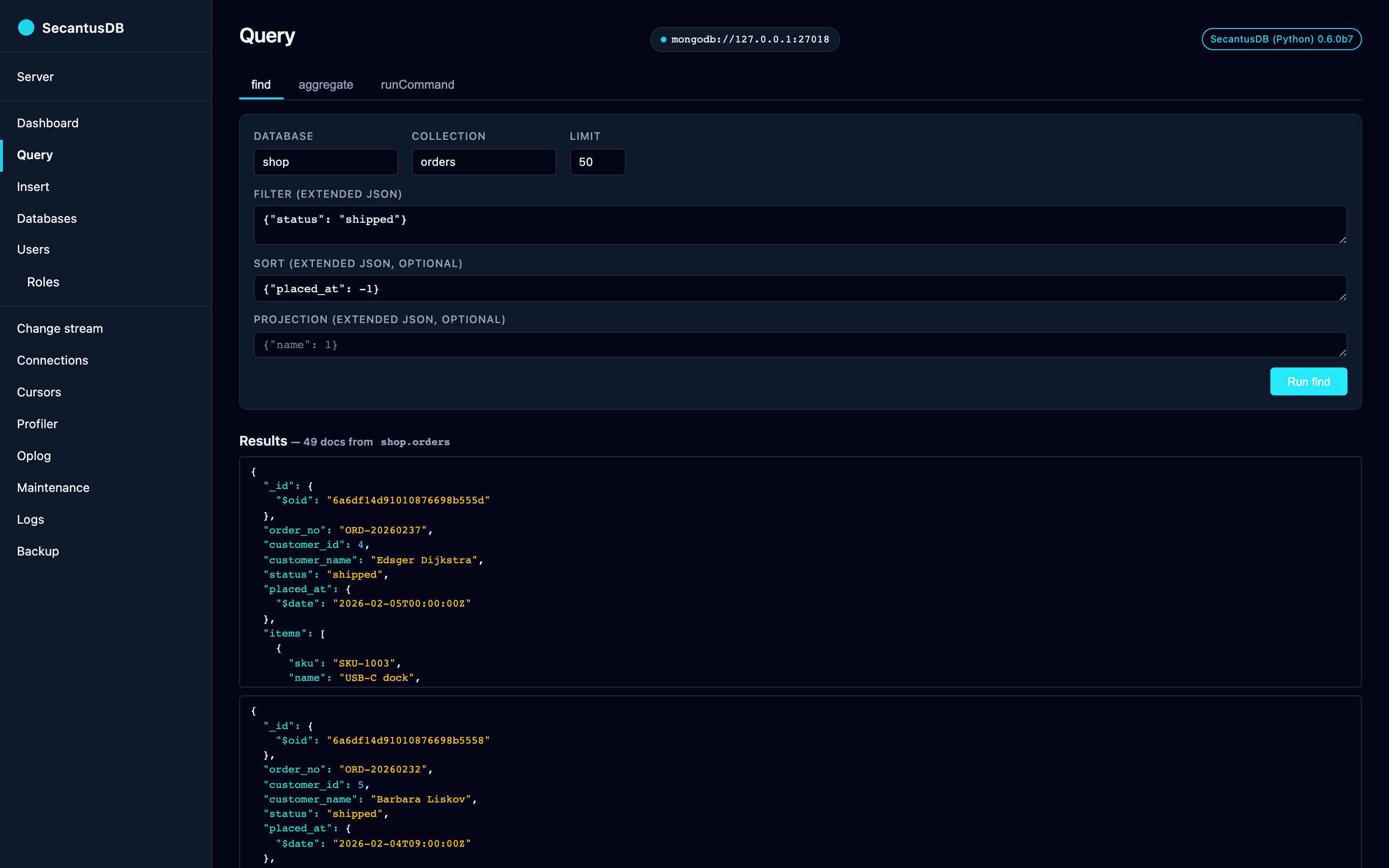 The admin Query page running a find, with results below the form.